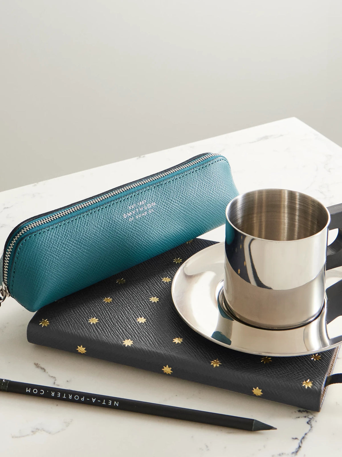 Image of Decor. Product name - Stars Soho Panama Debossed Metallic Textured-leather Notebook in Navy colour by brand - Smythson