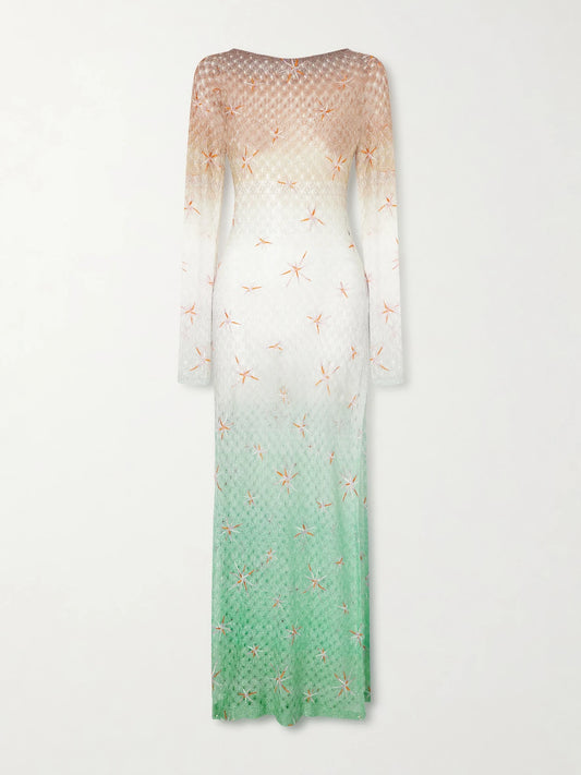 Image of Dresses. Product name - Open-back Dégradé Embroidered Metallic Crochet-knit Maxi Dress in Green colour by brand - Missoni