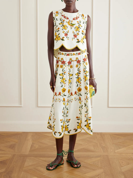 Image of a model wearing Tops. Product name - Lemon Bouquet Embroidered Linen-blend Blouse in Off-white colour by brand - Farm Rio