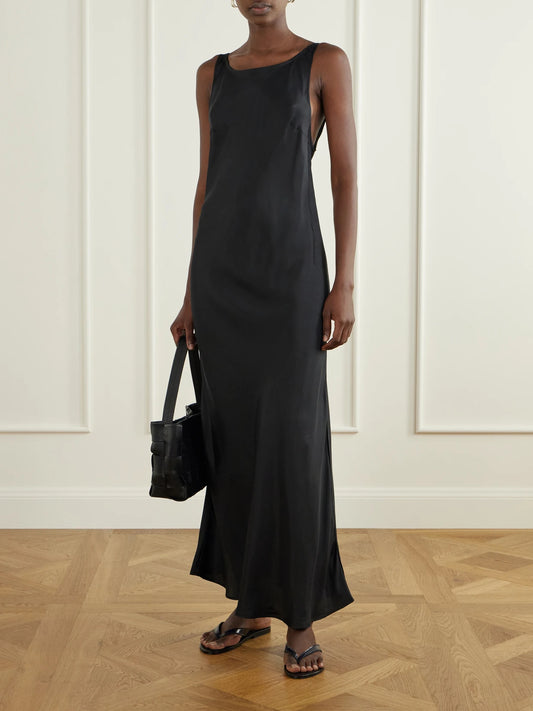 Image of Dresses. Product name - Open-back Silk-satin Maxi Dress in Black colour by brand - Le Kasha