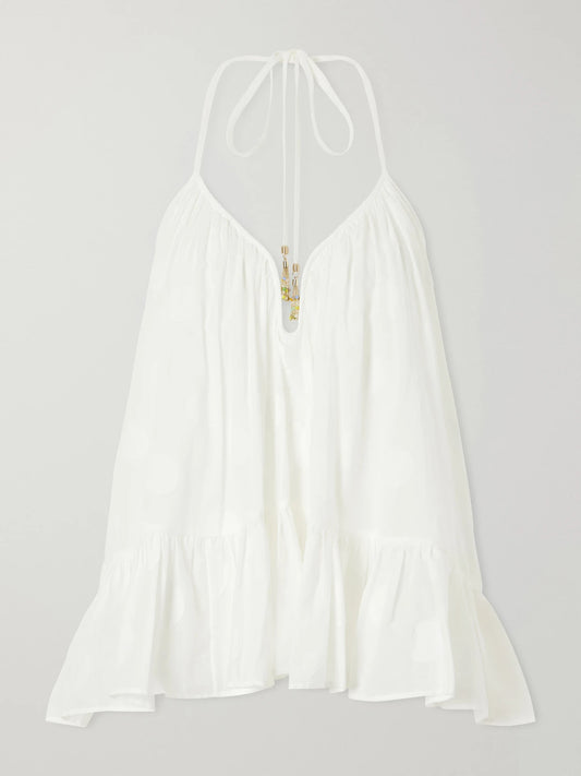 Image of a model wearing Tops. Product name - Solstice Embellished Polka-dot Cotton Tank in Ivory colour by brand - Zimmermann
