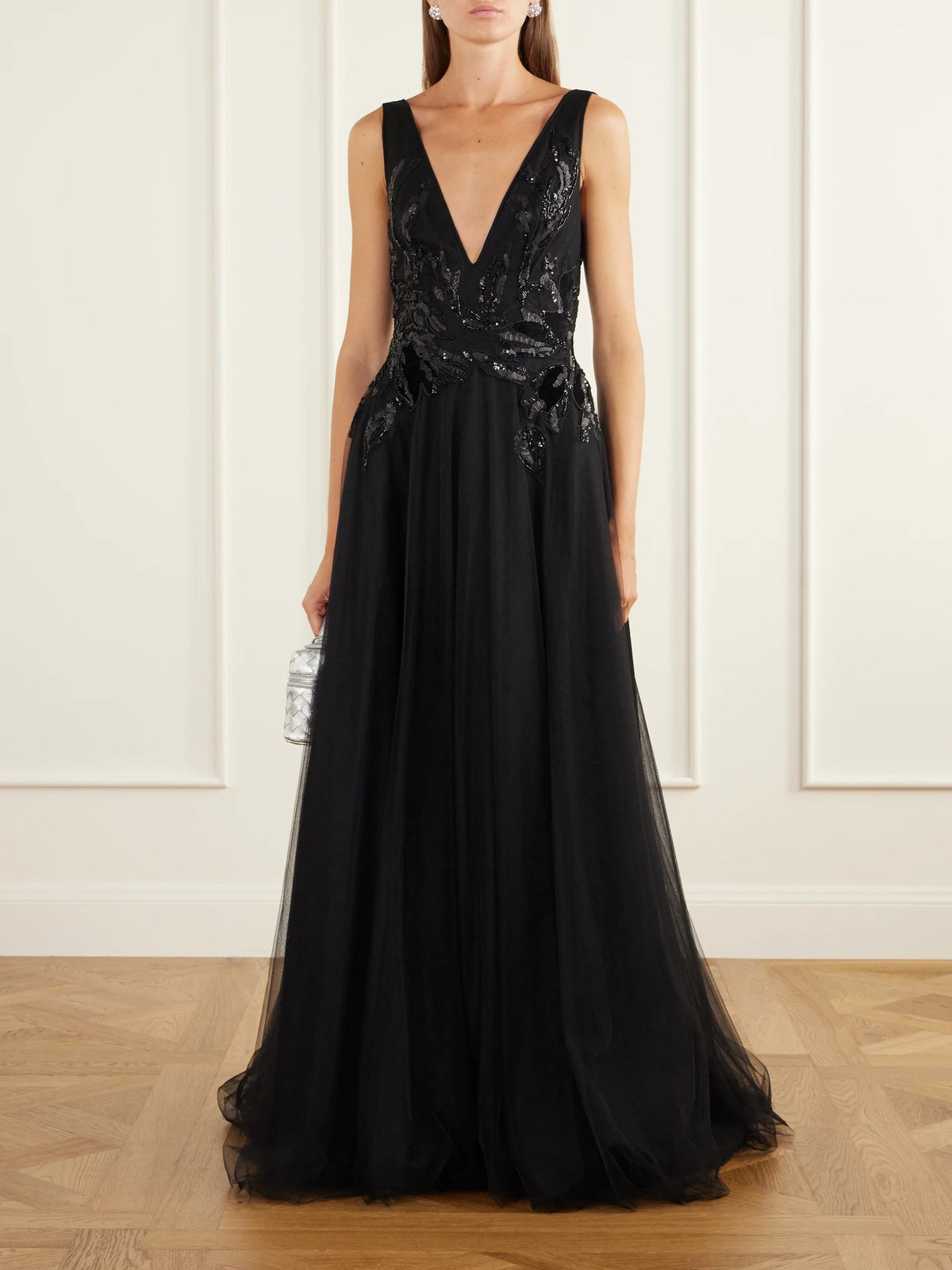 Image of Dresses. Product name - Vianna Embellished Velvet-trimmed Tulle Gown in Black colour by brand - Costarellos