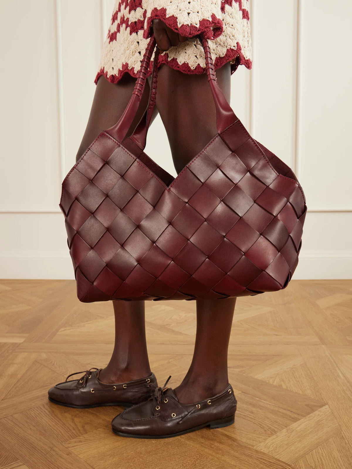 Image of Bags. Product name - Castello Woven Leather Shoulder Bag in Burgundy colour by brand - Dragon Diffusion