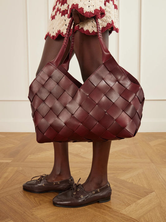 Image of Bags. Product name - Castello Woven Leather Shoulder Bag in Burgundy colour by brand - Dragon Diffusion