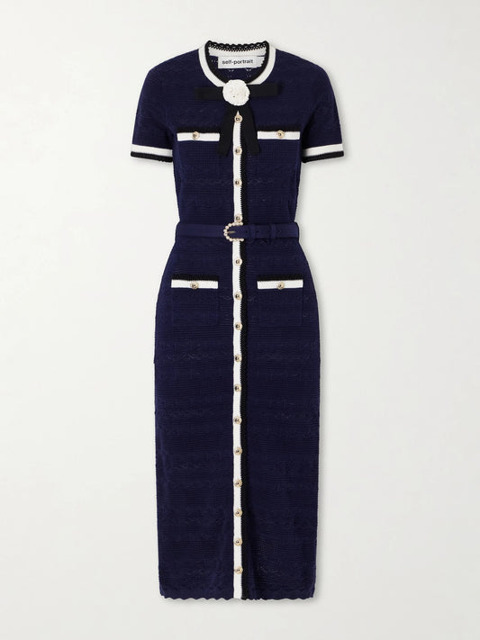 Embellished Bow-detailed Pointelle-knit Cotton-blend Midi Dress