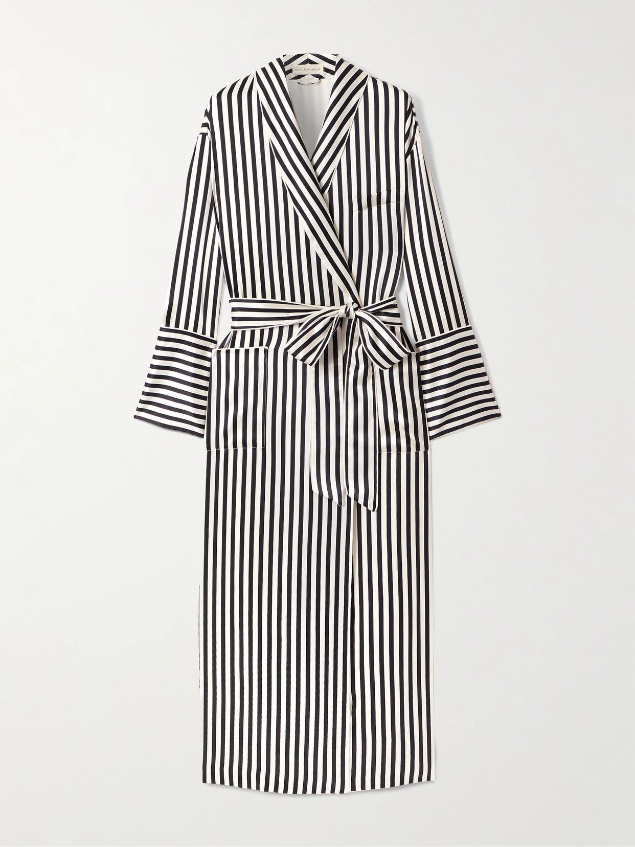 Image of Lingerie. Product name - Nika Belted Striped Silk-satin Robe in Black colour by brand - Olivia von Halle