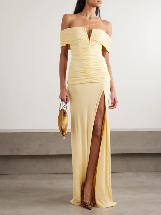 Image of Dresses. Product name - Zaley Off-the-shoulder Ruched Jersey Gown in Yellow colour by brand - Rebecca Vallance