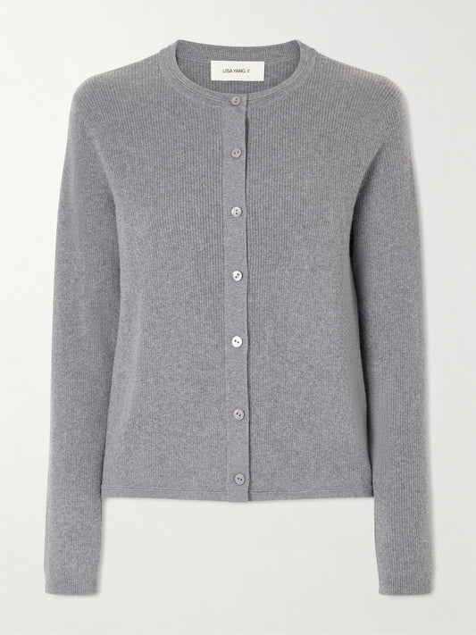 Image of a model wearing Outerwear. Product name - Abeena Ribbed Cotton And Cashmere-blend Cardigan in Light gray colour by brand - LISA YANG