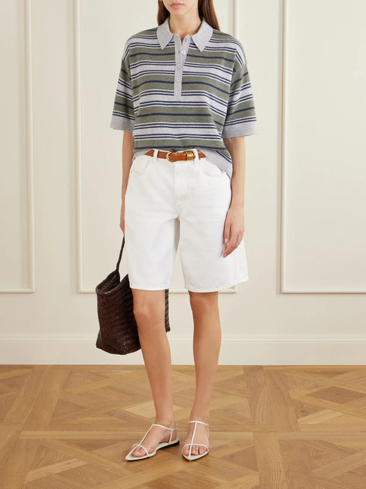 Image of a model wearing Outerwear. Product name - Striped Cashmere Polo Sweater in Multi colour by brand - TWP