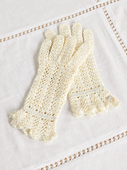 Pearl-like Trimmed Crocheted Cotton Gloves
