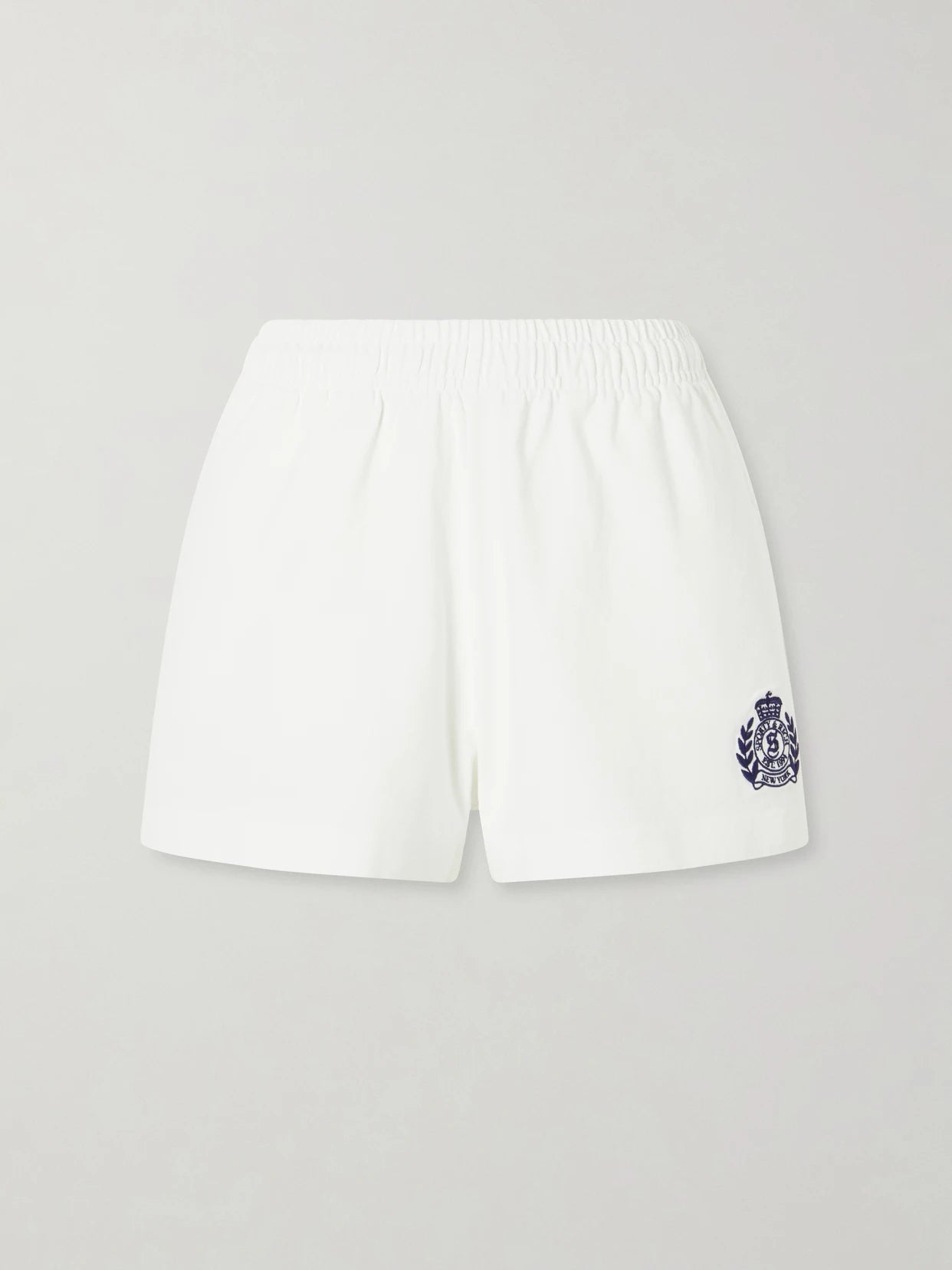 Image of Sleepwear & Loungewear. Product name - Logo-embroidered Cotton Shorts in White colour by brand - Sporty & Rich