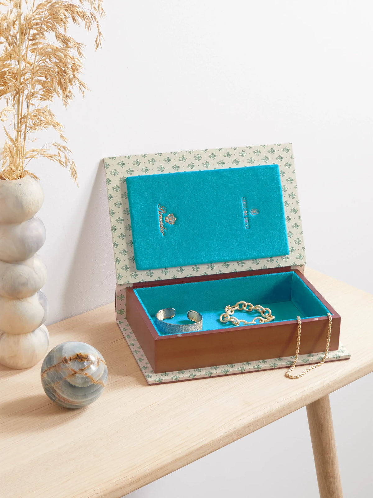 Image of Decor. Product name - + Pineider Bucci Safe Book Printed Leather And Wood Jewelery Box in Brown colour by brand - Carolina Bucci