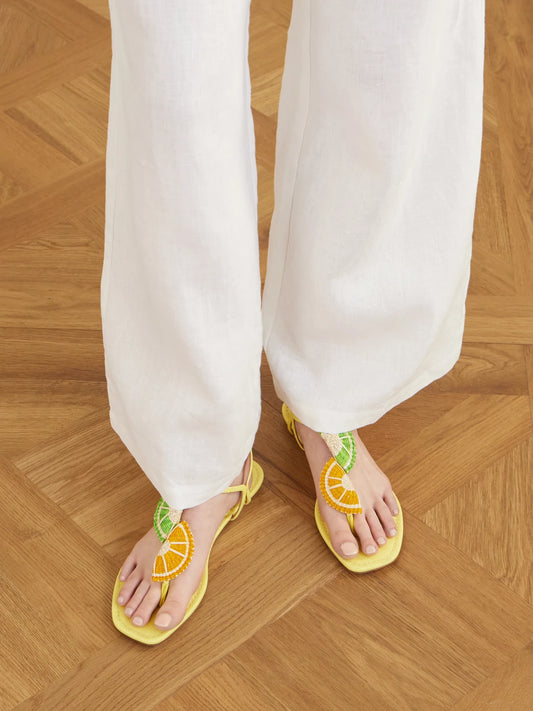 Embellished Raffia-effect Thong Sandals