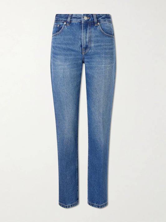 Image of Jeans. Product name - Leather-trimmed Low-waist Flared Jeans in Mid denim colour by brand - Victoria Beckham