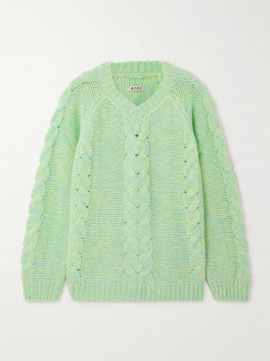 Image of a model wearing Outerwear. Product name - Eiderdown Cable-knit Alpaca, Mohair And Silk-blend Sweater in Light green colour by brand - BODE