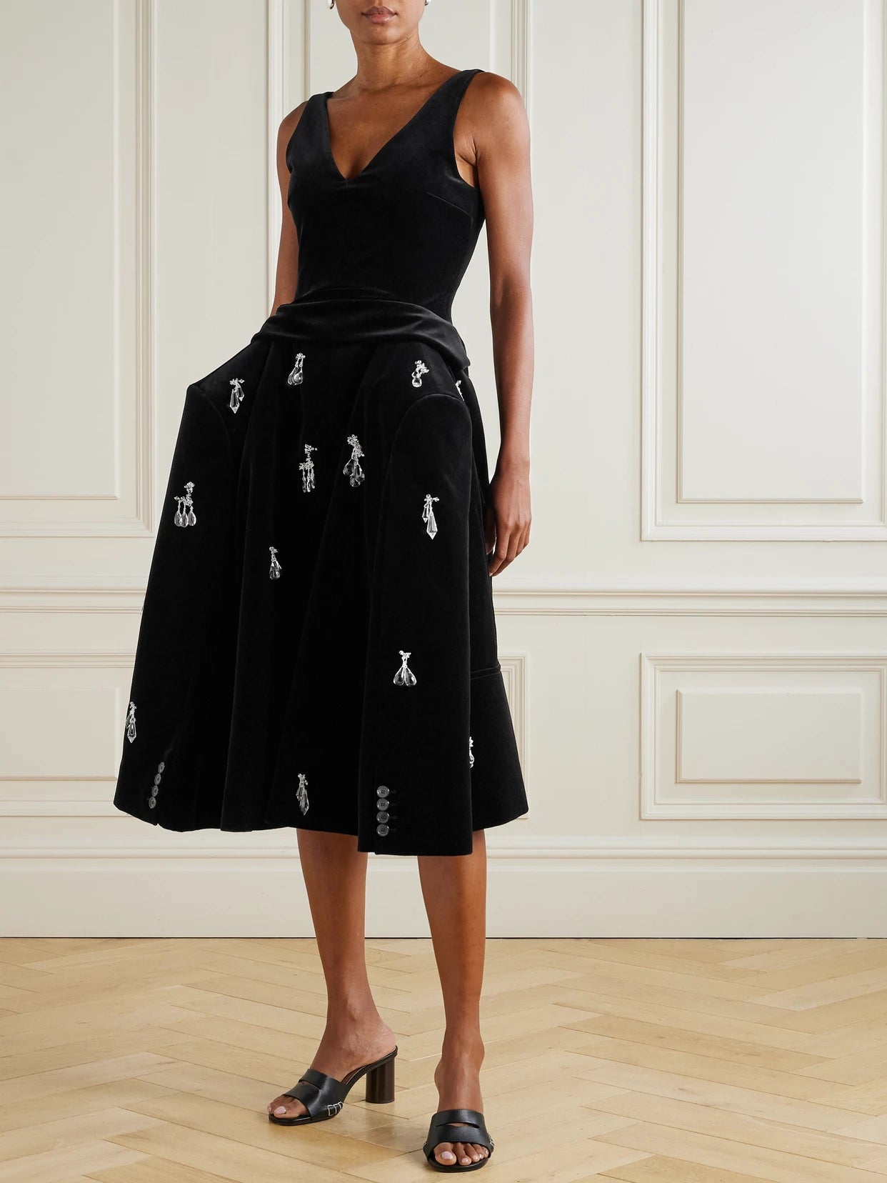 Image of Dresses. Product name - Embellished Padded Cotton-velvet Midi Dress in Black colour by brand - JW Anderson