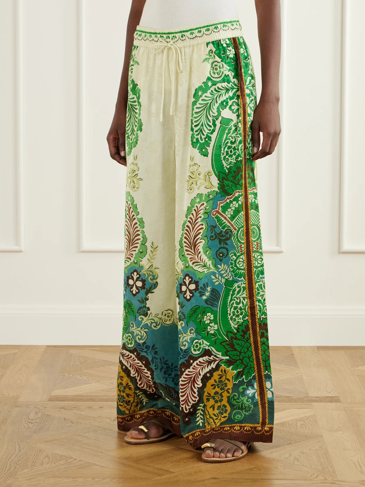 ALÉMAIS Florence Drawstring Floral-print Satin-jacquard Wide-leg Pants
