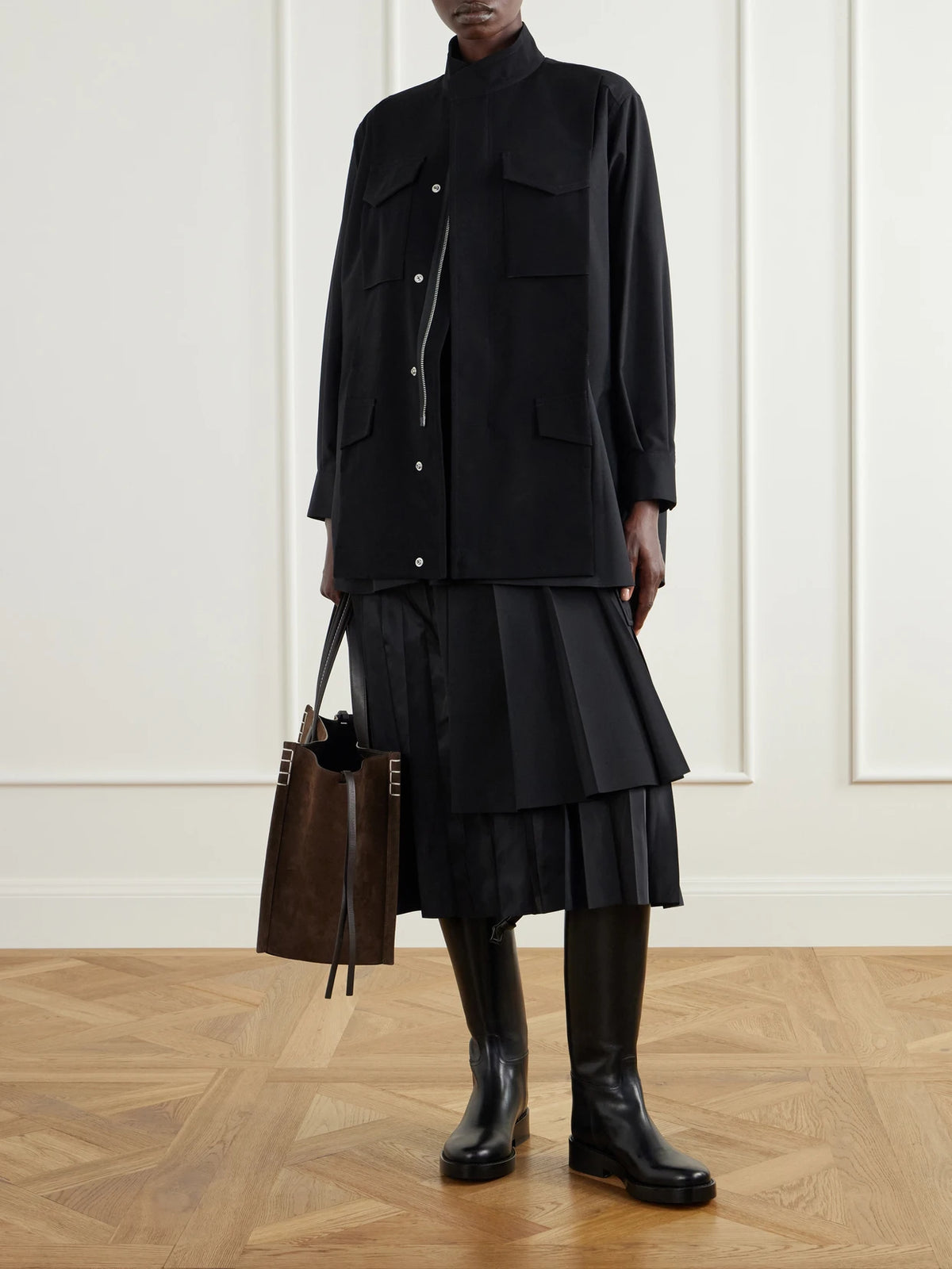 Image of a model wearing Tops. Product name - Crepe-trimmed Woven Shirt in Black, Multi colour by brand - Sacai