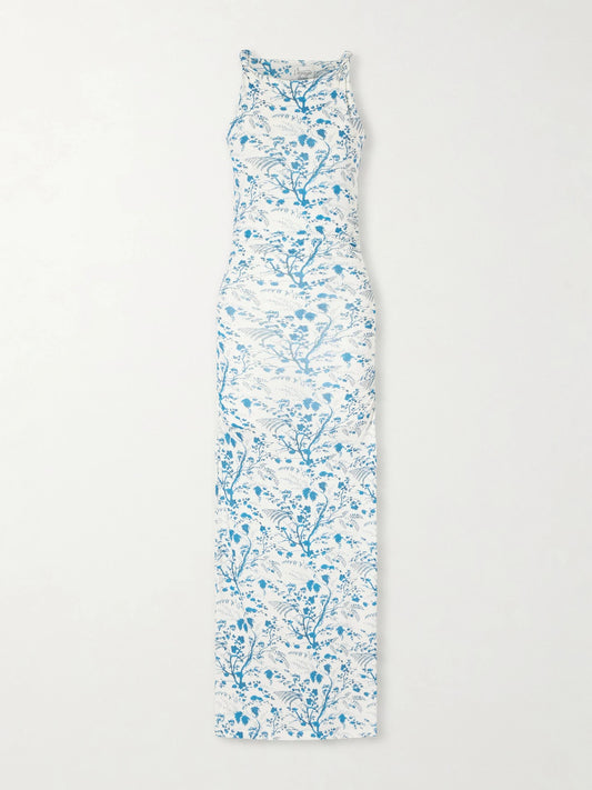 Image of Dresses. Product name - Knotted Floral-print Jersey Midi Dress in Blue colour by brand - Erdem