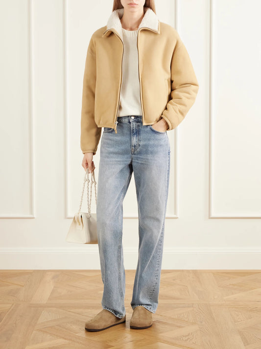 Image of Coats & Jackets. Product name - Cropped Shearling-trimmed Suede Jacket in Tan colour by brand - James Perse