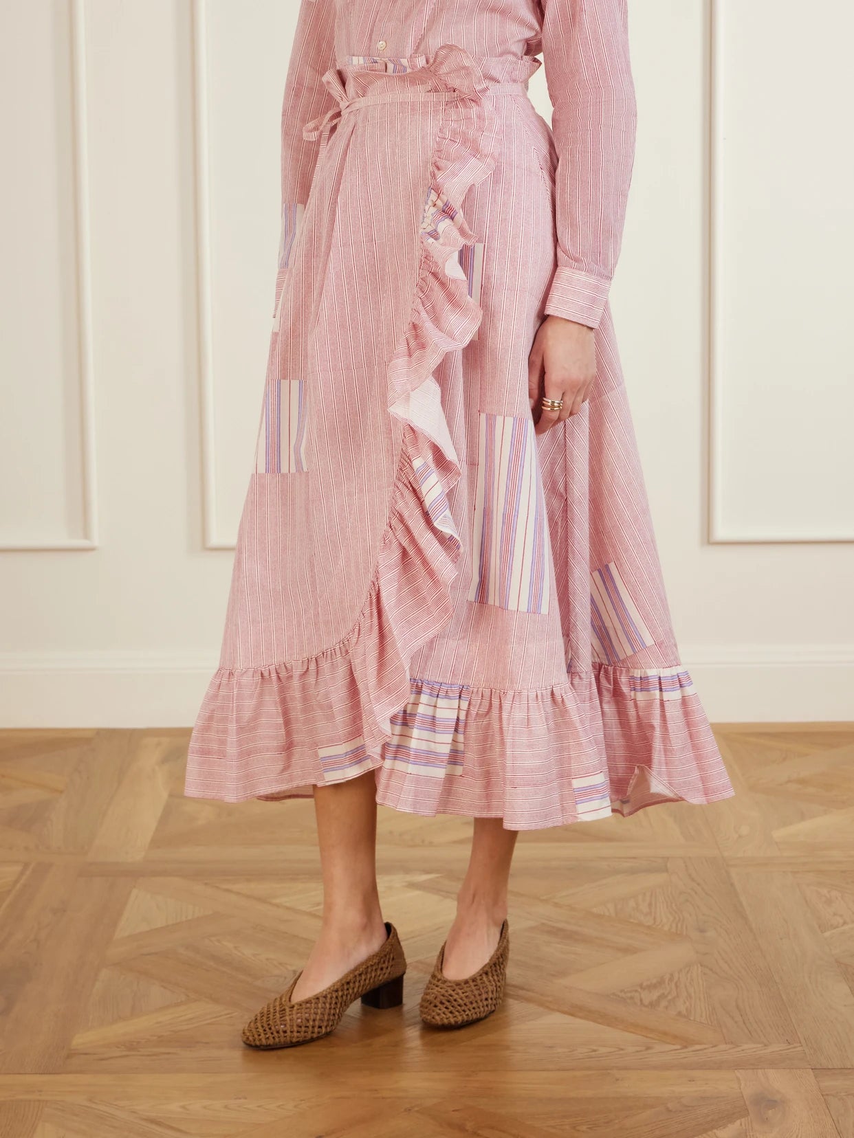 Tasha Ruffled Striped Cotton-voile Wrap Midi Skirt