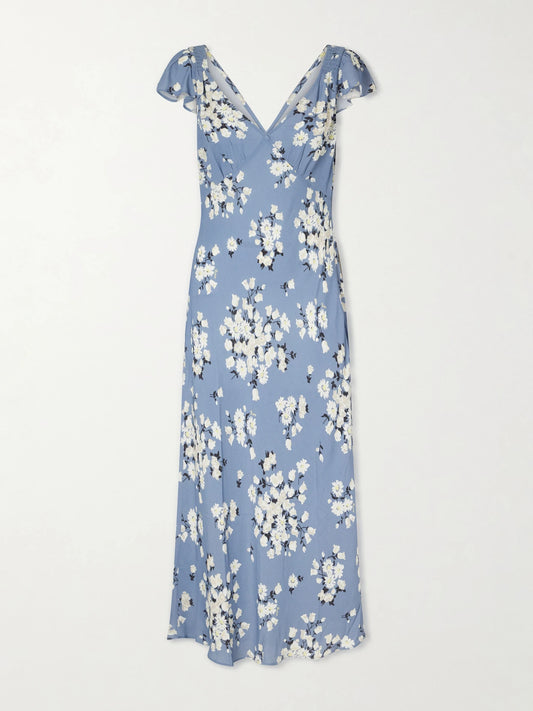 Image of Dresses. Product name - Cathy Floral-print Crepe Midi Dress in Blue colour by brand - RIXO