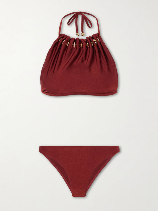 Image of Swimwear. Product name - Aster Embellished Bikini in Merlot colour by brand - Zimmermann