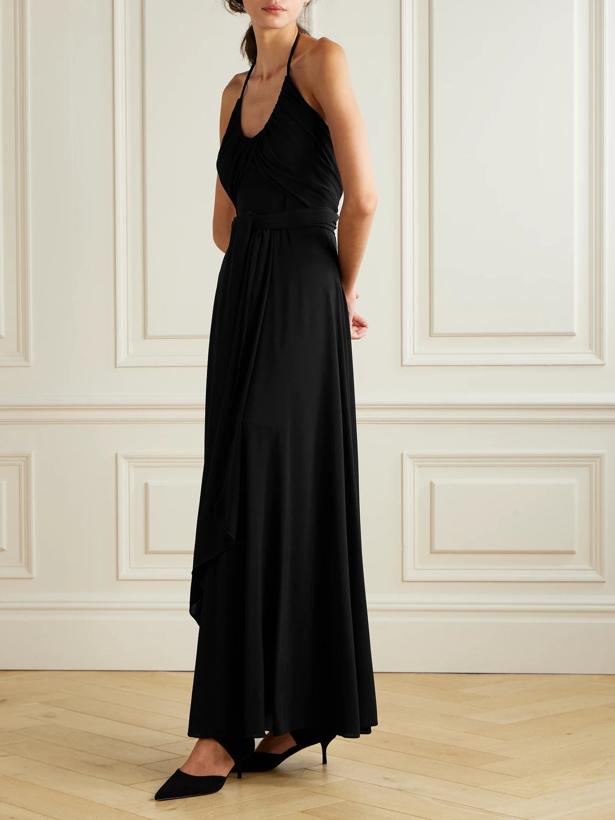 Image of Dresses. Product name - Belted Gathered Jersey Halterneck Maxi Dress in Black colour by brand - Alaïa