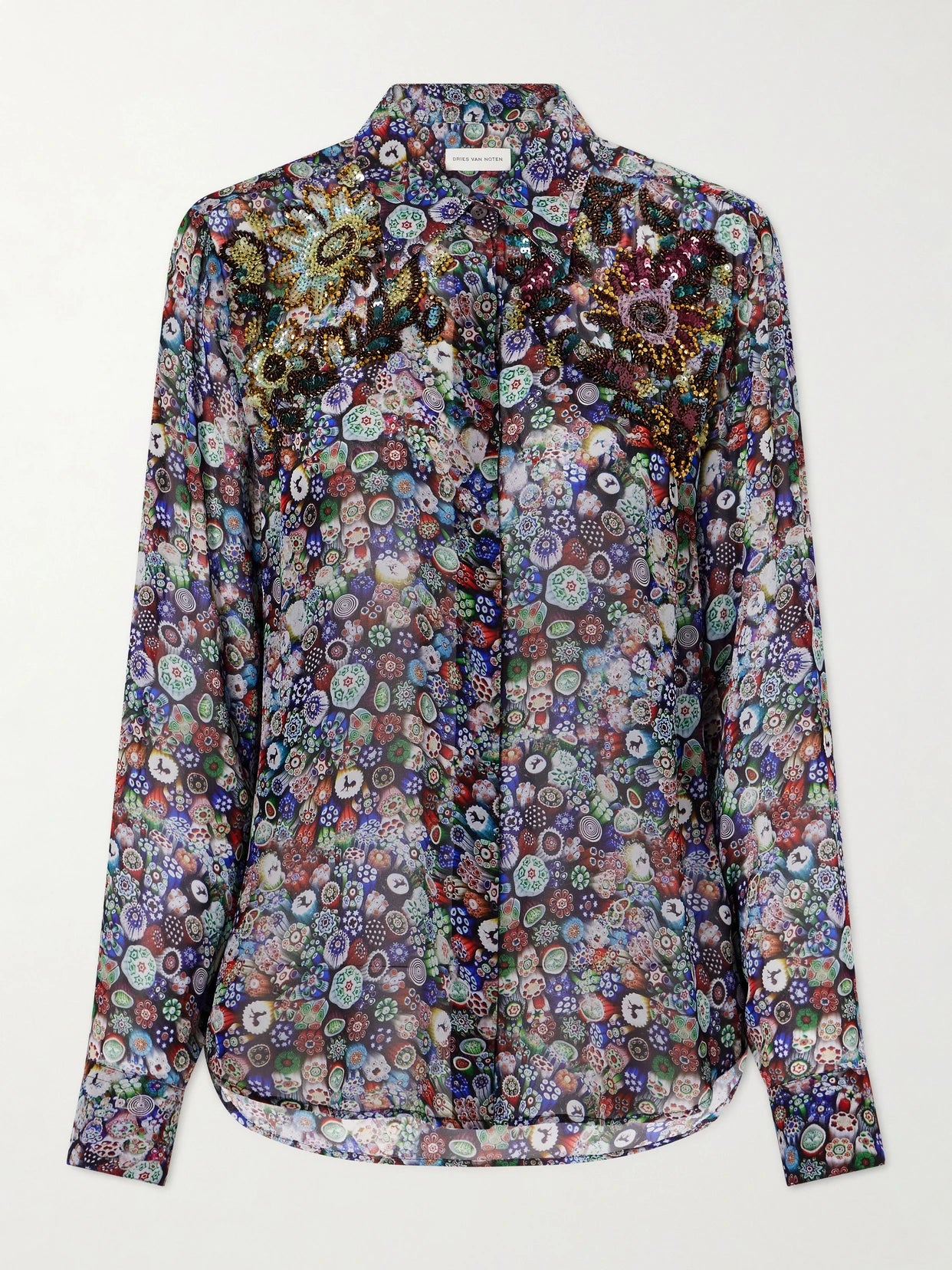 Image of a model wearing Tops. Product name - Sequin-embellished Printed Georgette Blouse in Purple colour by brand - Dries Van Noten