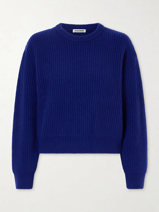 Image of a model wearing Outerwear. Product name - Ribbed-knit Wool Sweater in Cobalt blue colour by brand - Jil Sander