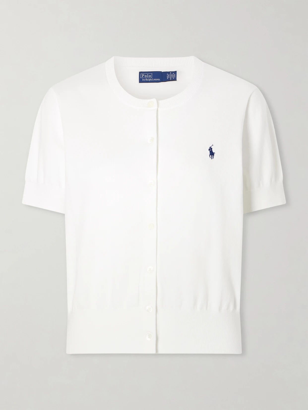 Image of a model wearing Outerwear. Product name - Logo-embroidered Cotton-blend Cardigan in White colour by brand - Polo Ralph Lauren