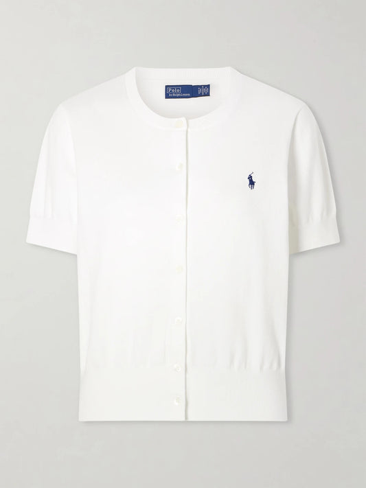 Image of a model wearing Outerwear. Product name - Logo-embroidered Cotton-blend Cardigan in White colour by brand - Polo Ralph Lauren