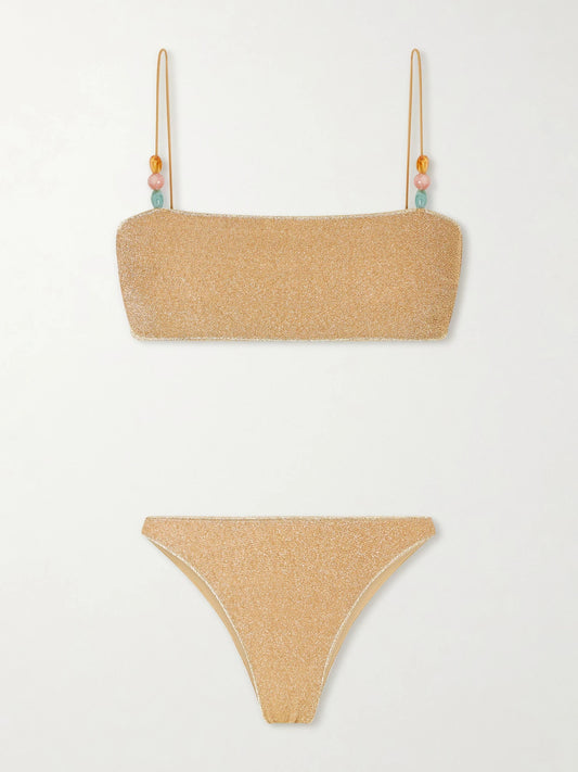 Image of Swimwear. Product name - Lumiere Bead-embellished Metallic Bikini in Gold colour by brand - Oséree