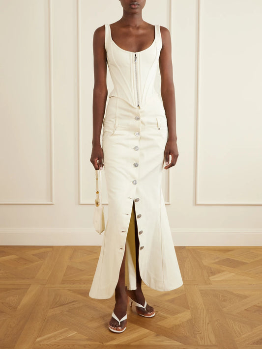 Image of Jeans. Product name - Embellished Denim Midi Skirt in Cream colour by brand - Wiederhoeft