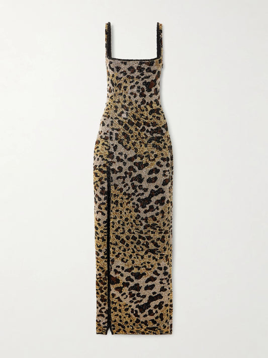Image of Dresses. Product name - Eartha Embellished Leopard-print Stretch-mesh Gown in Leopard print colour by brand - Clio Peppiatt