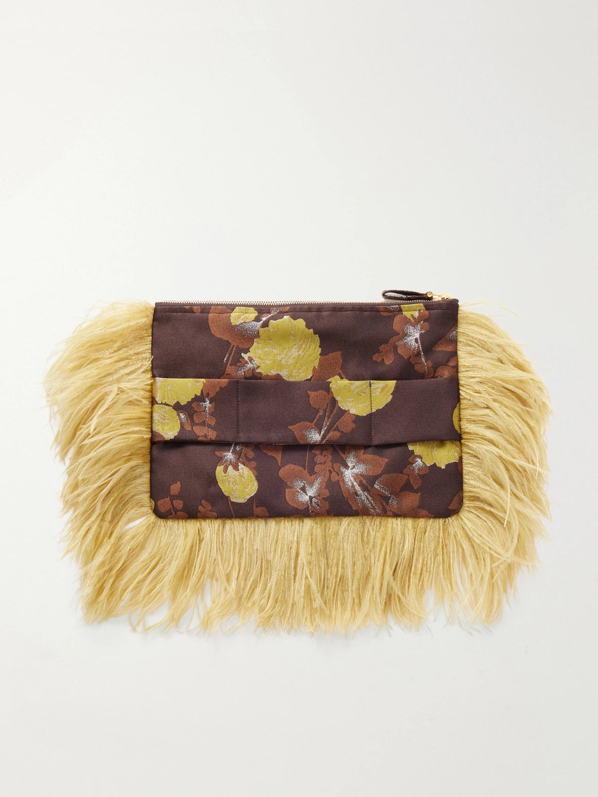 La DoubleJ Party Feather-trimmed Floral-jacquard Clutch