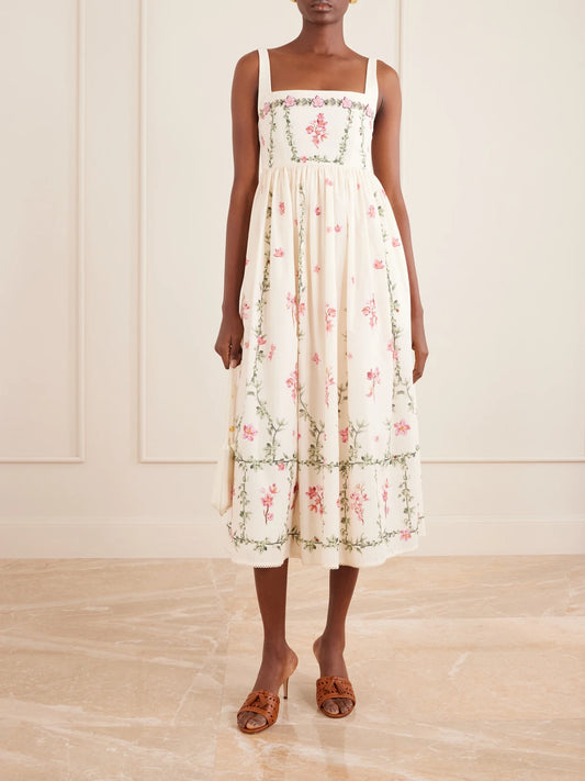 Image of Dresses. Product name - Barbara Floral-printed Cotton Midi Dress in Cream colour by brand - Agua by Agua Bendita