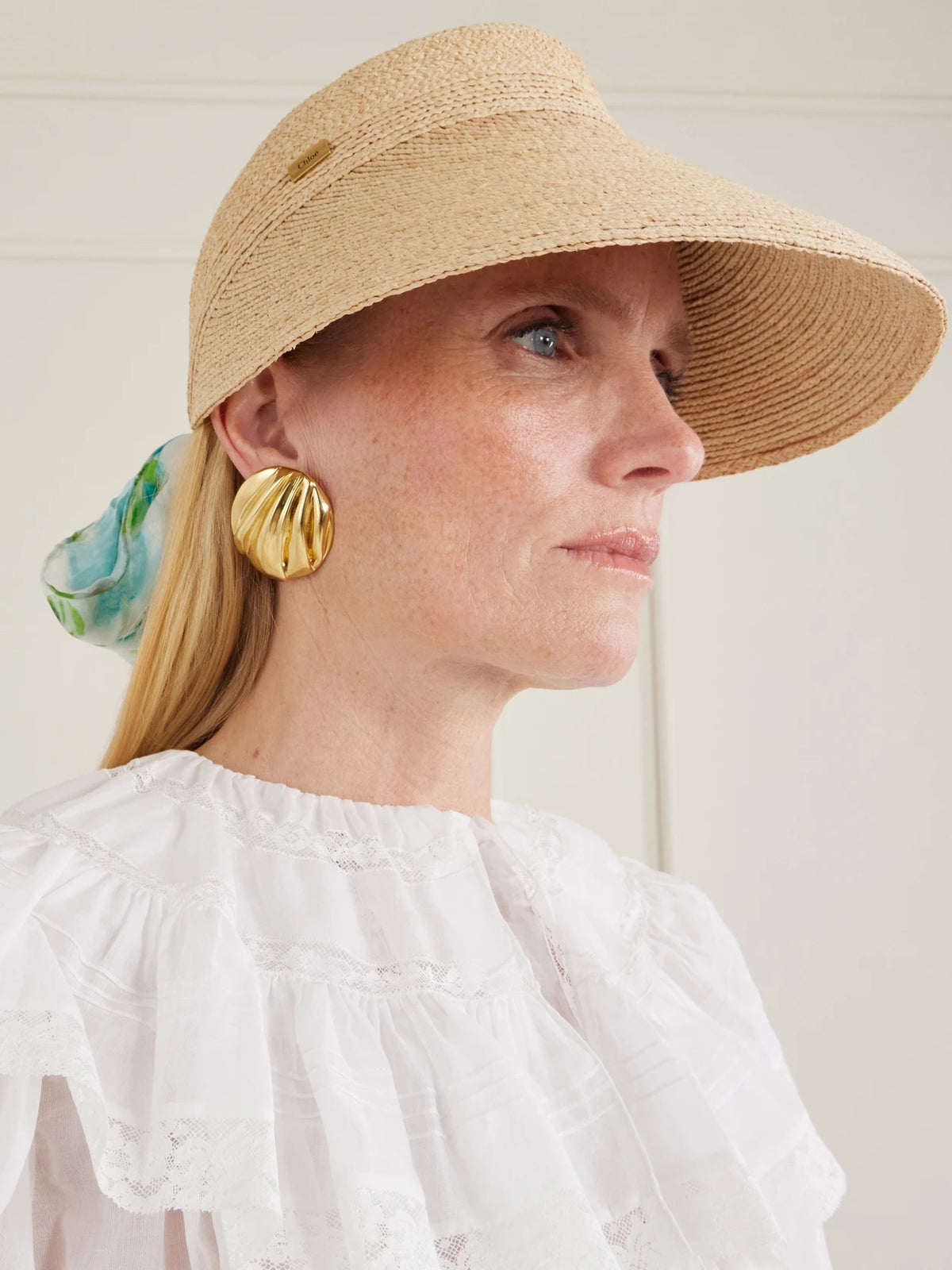 Image of Hats. Product name - Printed Silk-trimmed Woven Raffia Sunhat in Blue colour by brand - Chloé
