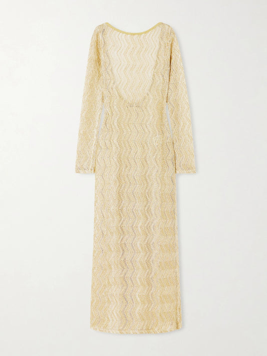 Image of Dresses. Product name - Mare Open-back Metallic Crochet-knit Maxi Dress in Gold colour by brand - Missoni