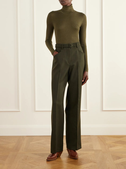 Image of a model wearing Outerwear. Product name - Peppe Ribbed Cashmere-blend Sweater in Dark green, Chocolate colour by brand - Gabriela Hearst