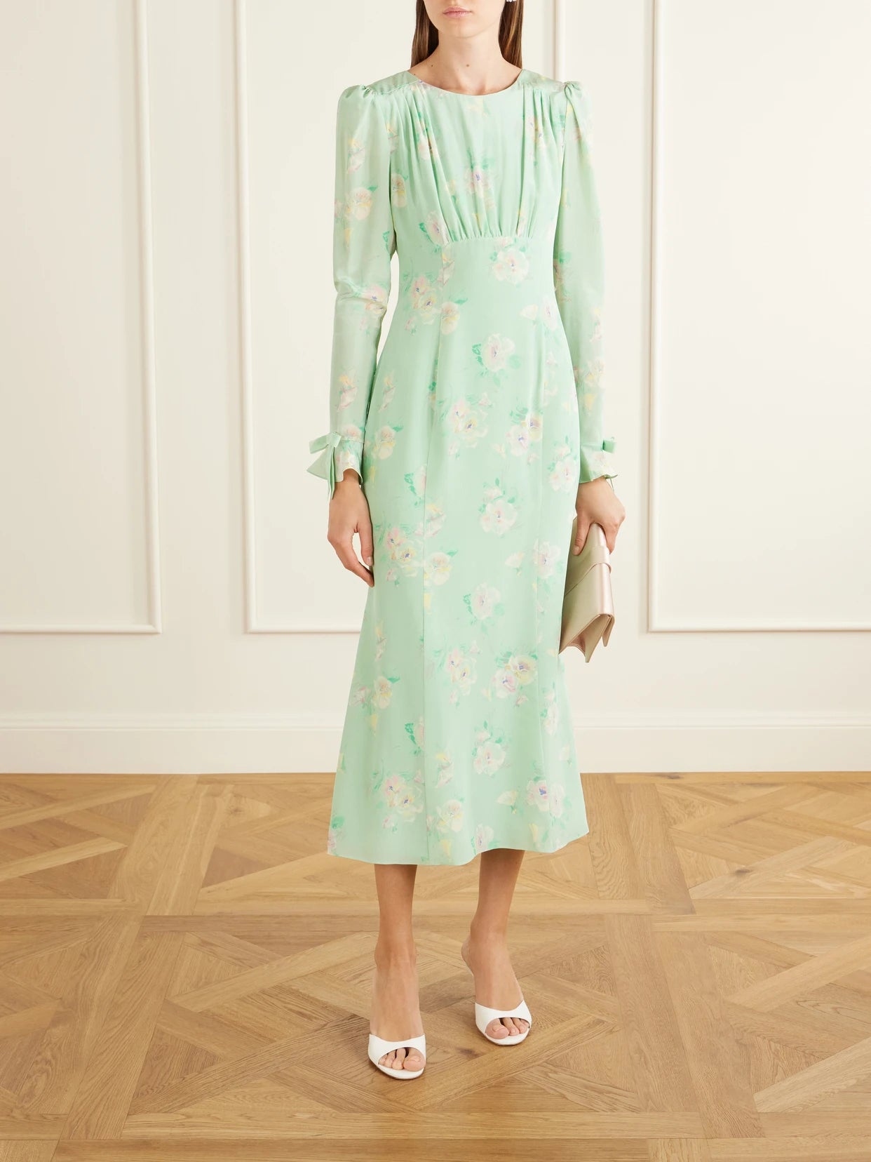 Image of Dresses. Product name - Floral-print Silk Midi Dress in Light green colour by brand - Alessandra Rich