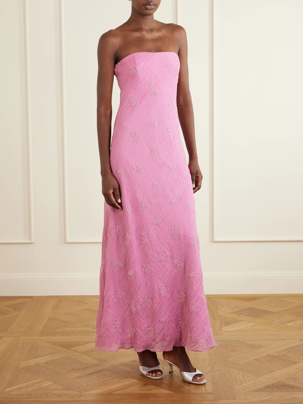 Image of Dresses. Product name - Cassie Strapless Bead-embellished Crinkled Modal-blend Organza Maxi Dress in Baby pink colour by brand - STAUD