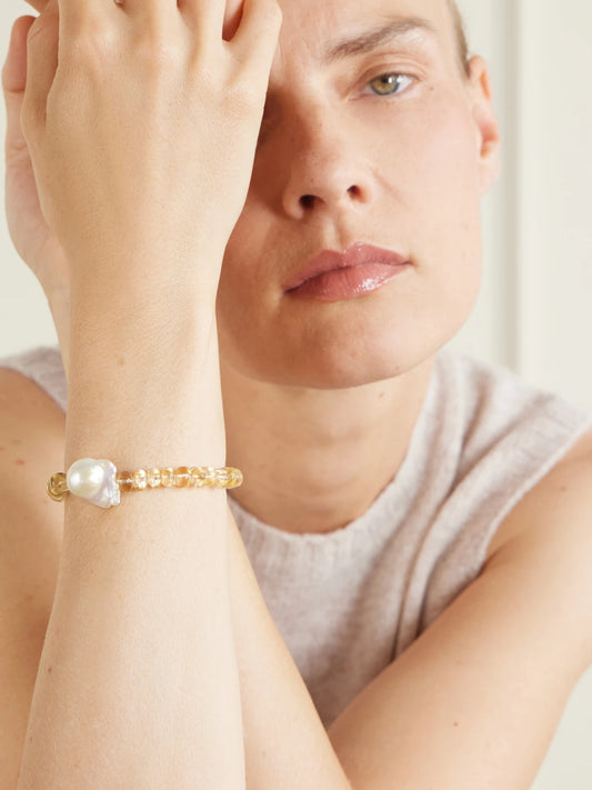 Image of Bracelets. Product name - Sunsalt Baroque 14-karat Gold, Citrine And Pearl Beaded Bracelet in Multi colour by brand - Loren Stewart