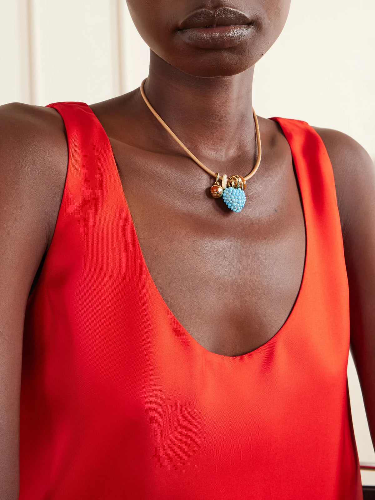 Image of Necklaces. Product name - The Leather Stone Slider Gold-tone, Turquois, Enamel And Leather Necklace in Multi colour by brand - Roxanne Assoulin