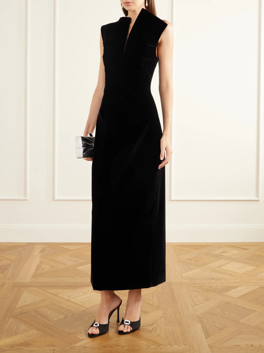 Image of Dresses. Product name - Farren Bustier Darted Silk-velvet Maxi Dress in Black colour by brand - Brandon Maxwell