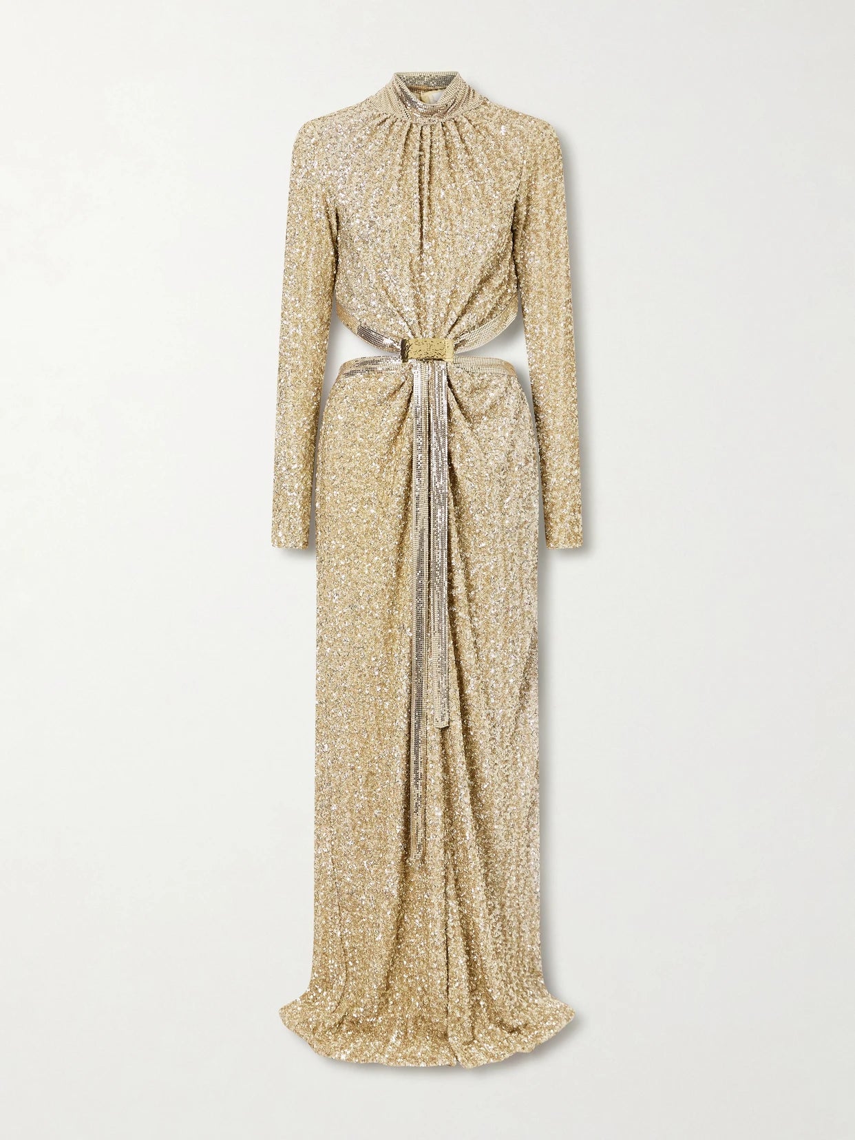 Image of Dresses. Product name - Chainmail-trimmed Cutout Sequined Tulle Gown in Gold colour by brand - RABANNE