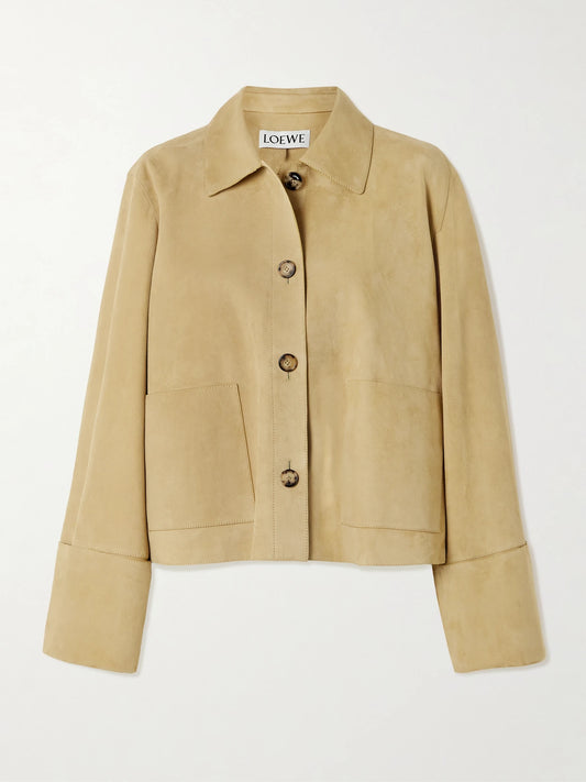 Image of Coats & Jackets. Product name - Paneled Suede Jacket in Tan colour by brand - LOEWE