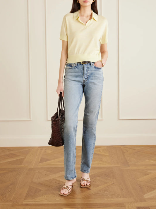 Image of a model wearing Outerwear. Product name - Darya Cashmere Polo Shirt in Yellow colour by brand - Arch4