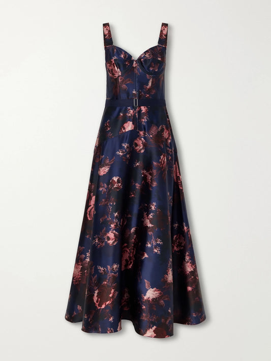 Erdem Belted Floral-print Duchess-satin Corset Midi Dress