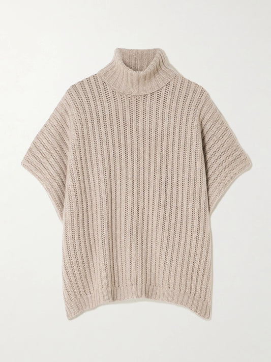 Image of a model wearing Outerwear. Product name - Ribbed Cashmere Turtleneck Sweater in Brown colour by brand - Brunello Cucinelli